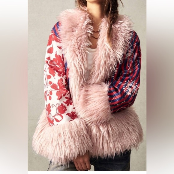 Fur collar Boho lined pink fur trimmed Jacket - Picture 3 of 3